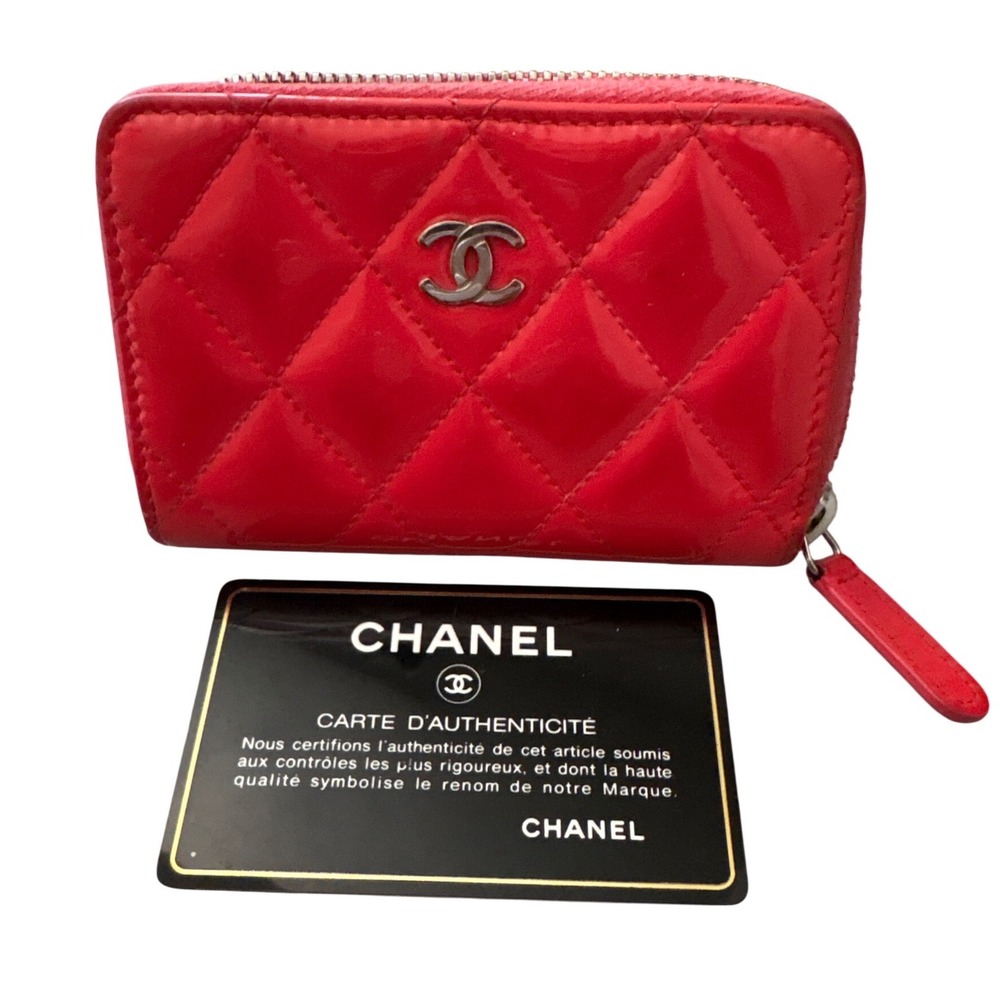 Chanel Red Patent Leather Quilted Zip Around Coin Card Purse Wallet CC Logo